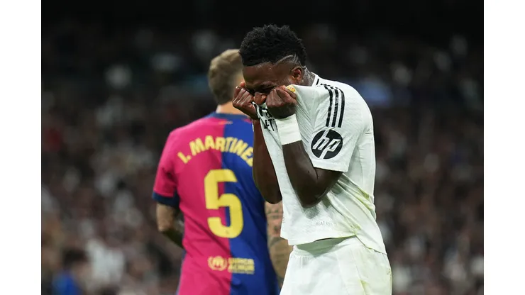 MADRID, SPAIN - OCTOBER 26: Vinicius Junior of Real Madrid reacts during the LaLiga match between Real Madrid CF and FC Barcelona at Estadio Santiago Bernabeu on October 26, 2024 in Madrid, Spain. (Photo by Angel Martinez/Getty Images)