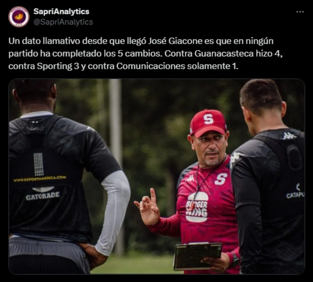 José Giacone no uso todos los cambios desde que está en Saprissa. (Foto: X)