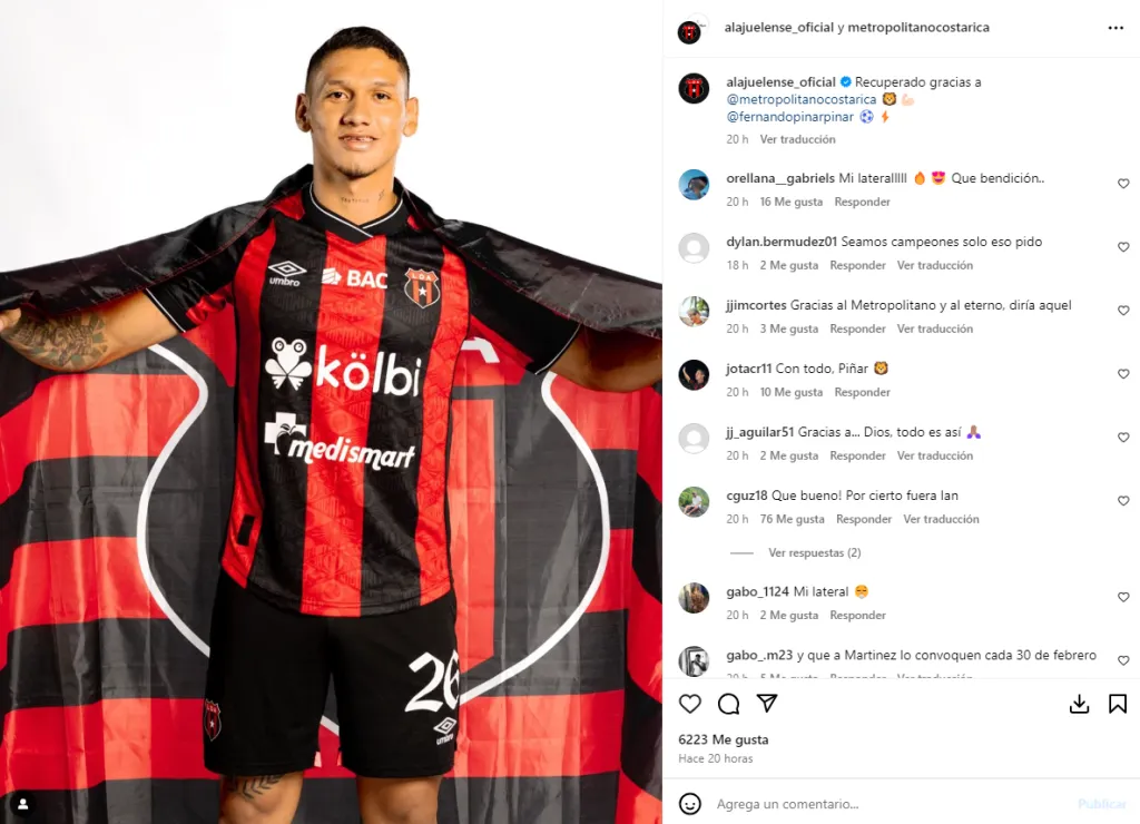“Recuperado”: la confirmación de Alajuelense sobre Fernando Piñar. (Instagram)