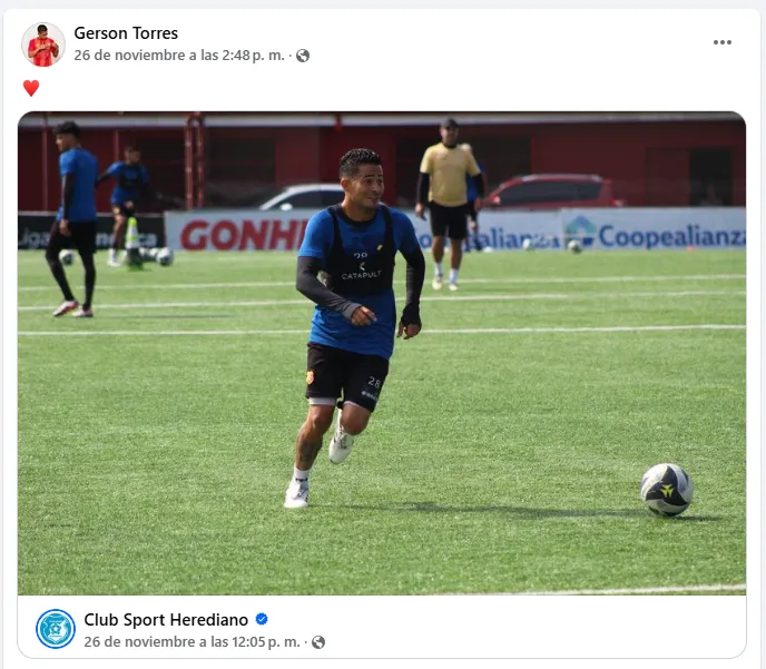 La publicación de Gerson Torres comprometido con Herediano. (Facebook)