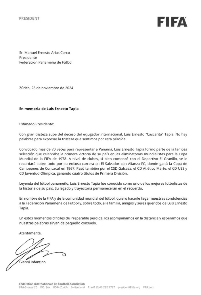 La carta de la FIFA a la FEPAFUT.