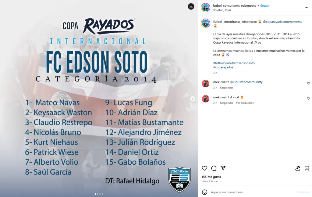 La convocatoria para la Copa Rayados con Mateo Navas. (Instagram)