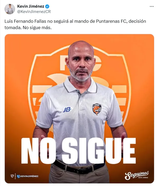 Kevin Jiménez ya informó que Fallas se va de Puntarenas. (x.com)