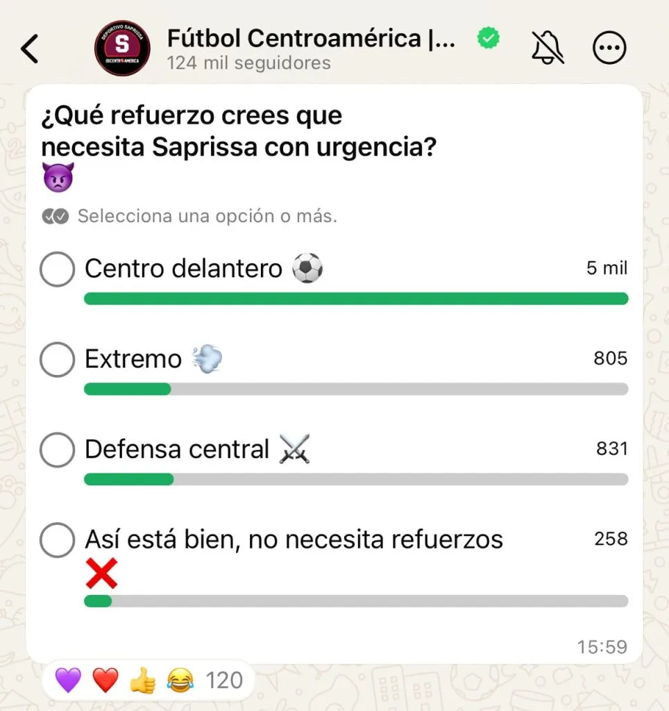 La encuesta la encuentran en nuestro canal de Saprissa en WhatsApp.