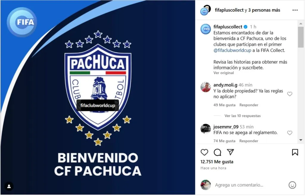 La publicación de FIFA con Pachuca.
