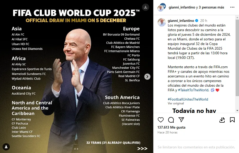 La invitación de Gianni Infantino al sorteo del Mundial de Clubes 2025… sin Alajuelense. (Instagram)