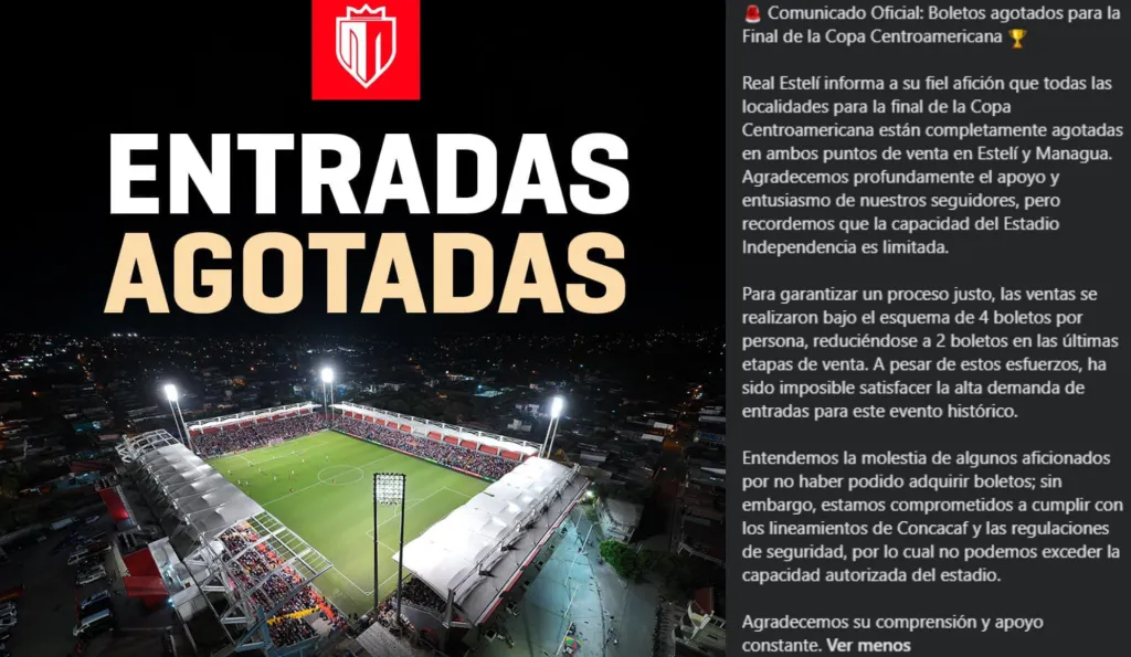 Los boletos valían 300 córdobas en grada norte y sur, 750 córdobas en las gradas oeste y 1.500 córdobas en la grada este. (Foto: Real Estelí / Facebook)
