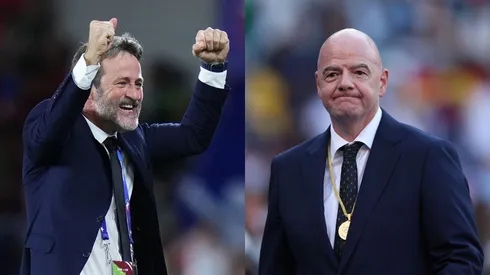 Christiansen celebra, mientras Gianni Infantino se lamenta.