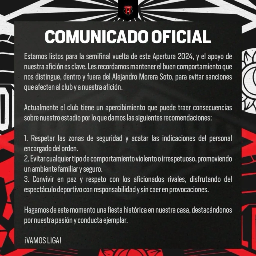 El comunicado de Alajuelense por temor a problemas en las tribunas.