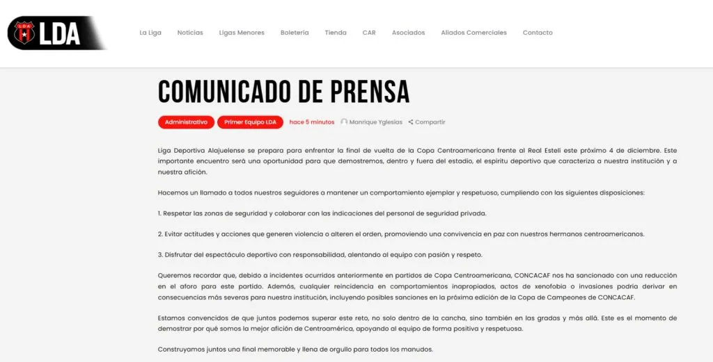 El comunicado de Alajuelense pidiendo tranquilidad en el Morera Soto.