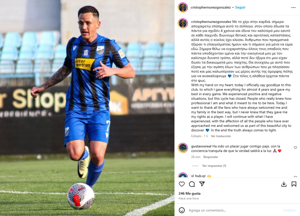 El posteo de Núñez en griego y en inglés. (Instagram)