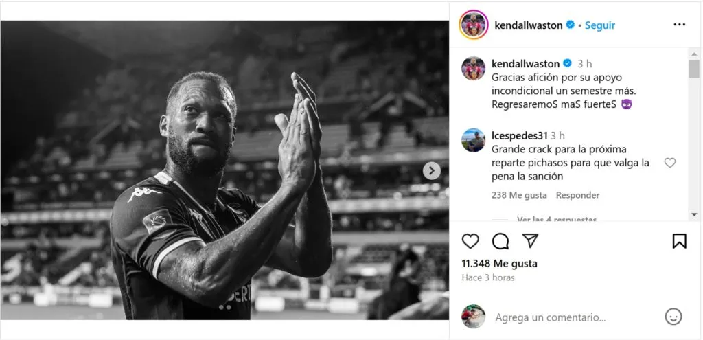 Kendall Waston hizo una publicación en sus redes sociales.
