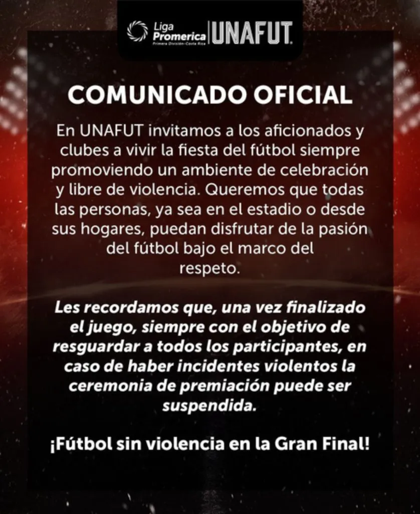 El comunicado de la Unafut.
