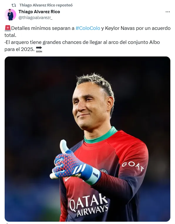 Las últimas novedades sobre Keylor Navas. (X.com)