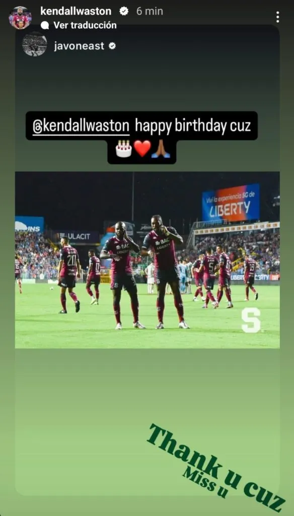 La publicación de Kendall Waston para Javon East.