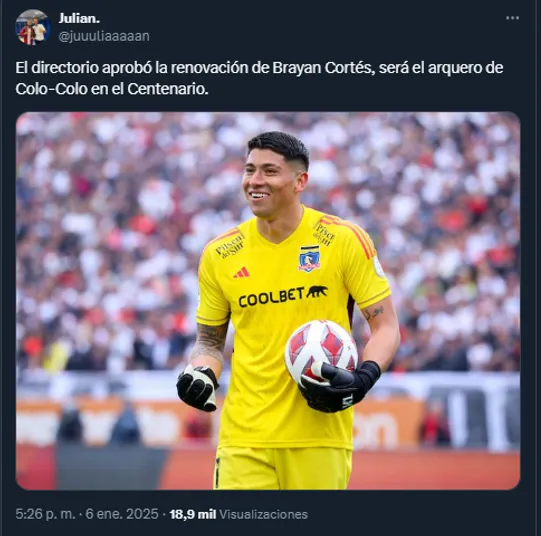 Brayan Cortés será el arquero de Colo Colo