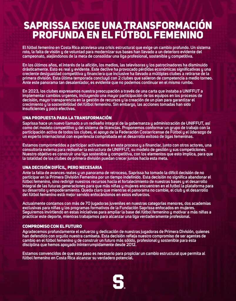 Comunicado oficial del Deportivo Saprissa
