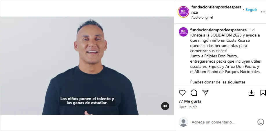 El mensaje de Keylor Navas a través de su fundación. (Instagram)