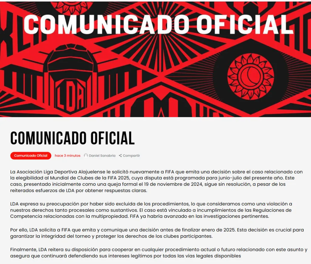 El comunicado completo de Alajuelense.