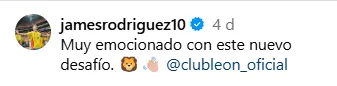 El primer mensaje de James Rodríguez como jugador de León.