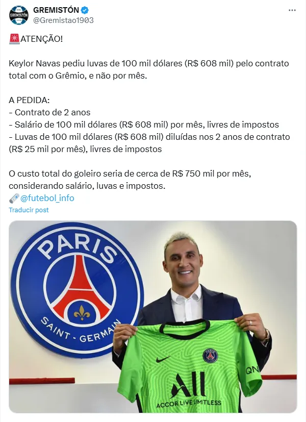 Keylor Navas tiene pretensiones salariales altas. (X.com)