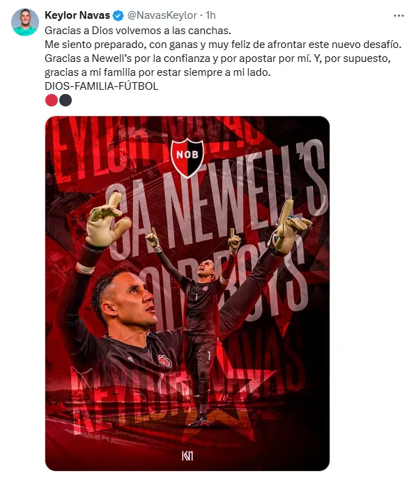 Las primeras palabras de Keylor Navas como rojinegro. (X.com)