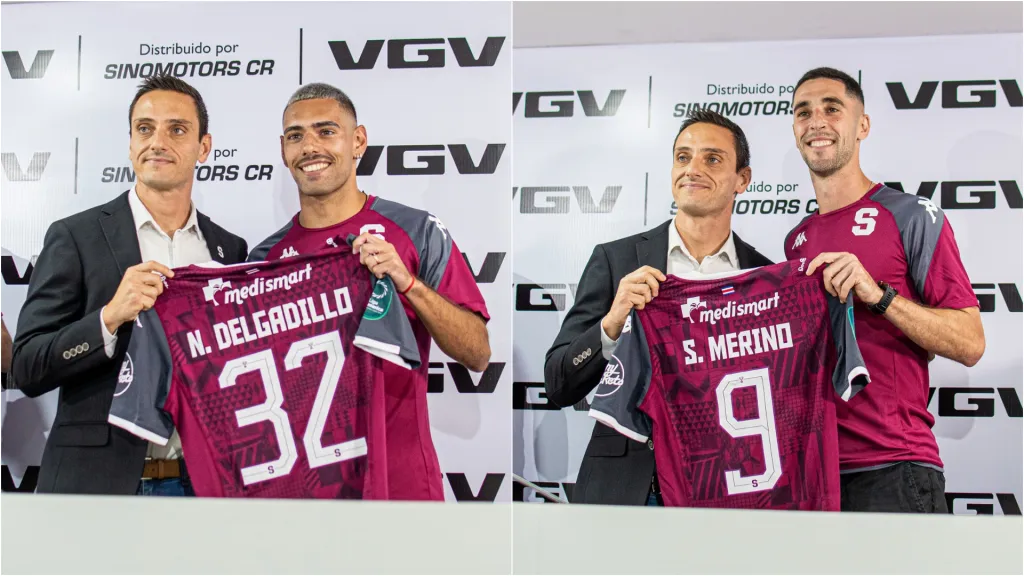 Delgadillo y Merino posan junto a Sergio Gila en la presentación de los refuerzos. (Foto: Saprissa)