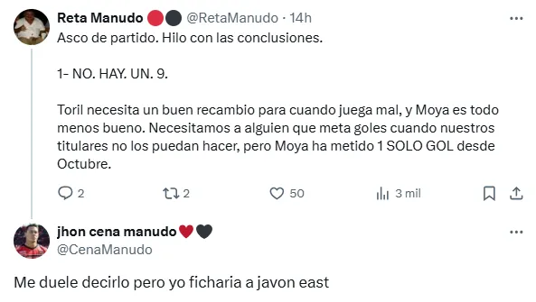 Uno de los tantos comentarios pidiendo a Javon East en Alajuelense. (X.com)