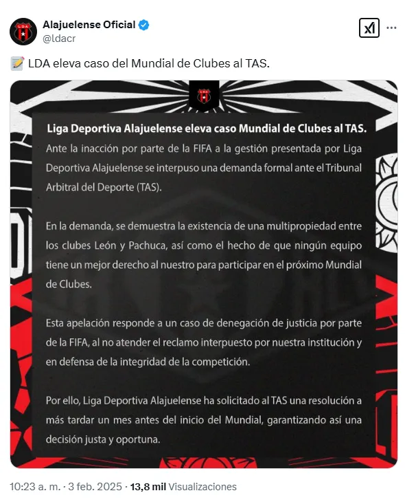 El comunicado de Alajuelense publicado este lunes. (X.com)