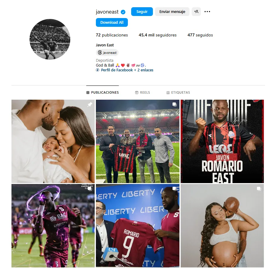 La cuenta de Instagram de Javon East sigue siendo morada.