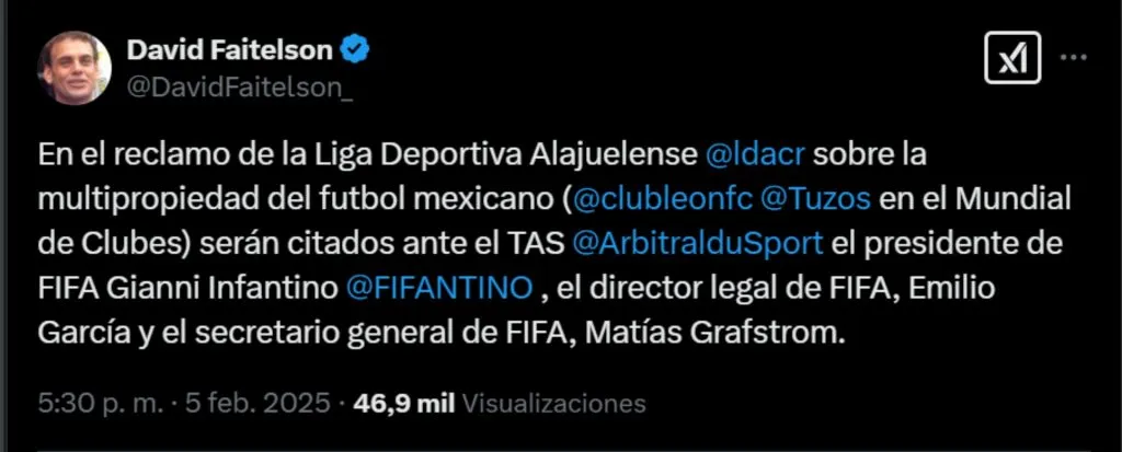 La publicación de David Faitelson sobre el reclamo de Alajuelense en el TAS.