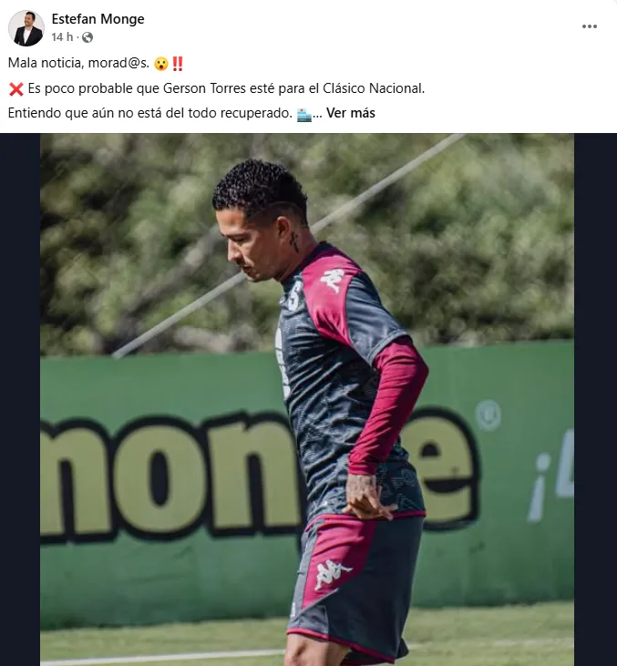 Estefan Monge dice que Gerson Torres no jugará ante Alajuelense. (Facebook)