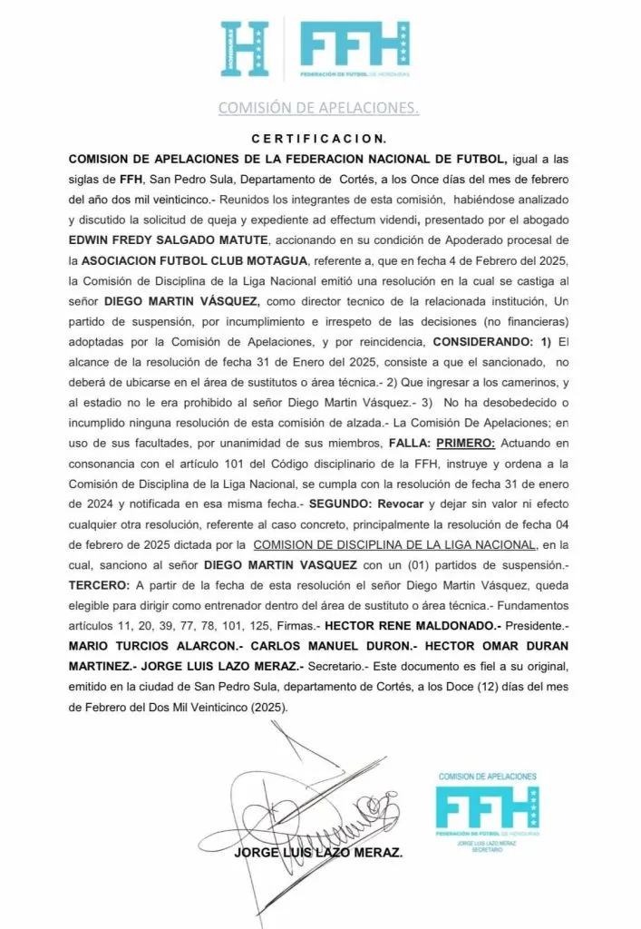 Este fue el comunicado oficial de la Comisión de Apelaciones sobre el caso de Diego Vázquez.