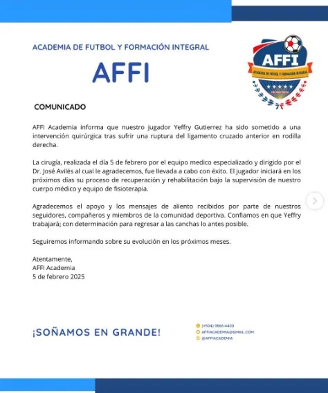 AFFI dio a conocer cómo le fue a Yeffy en la operación de ligamento cruzado.