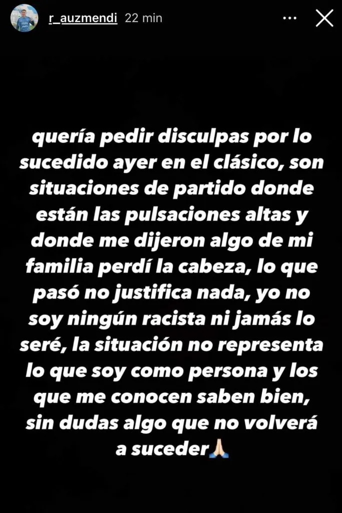 Este fue el mensaje de Rodrigo Auzmendi en redes sociales.