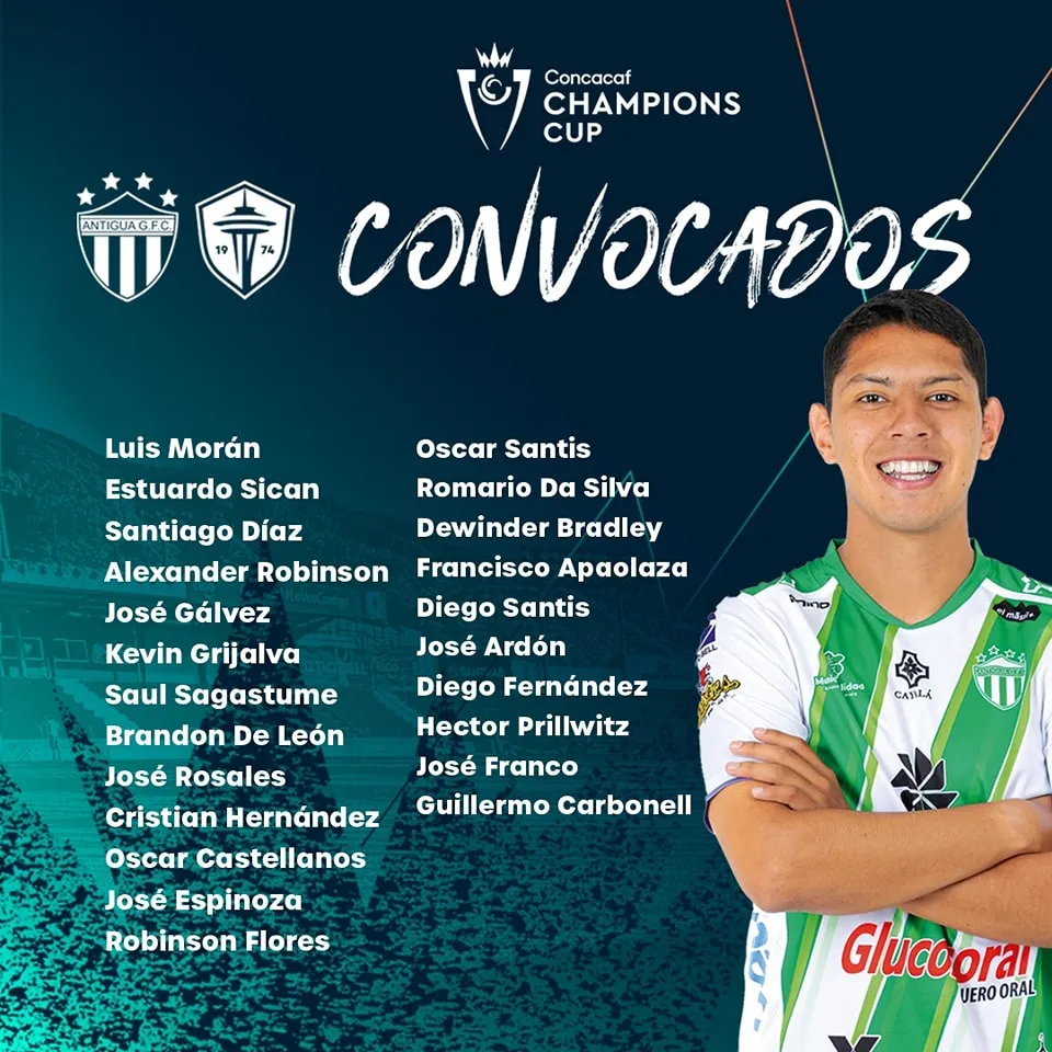 La convocatoria de Antigua GFC para la ida de la primera ronda contra Seattle Sounders. (Foto: Prensa de Antigua)