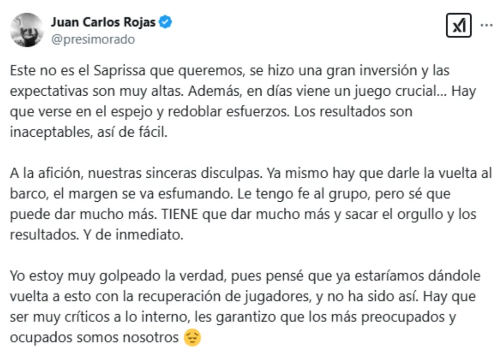 El polémico mensaje de Juan Carlos Rojas, presidente de Saprissa, que estuvo lejos de calmar las aguas. (Foto: X)