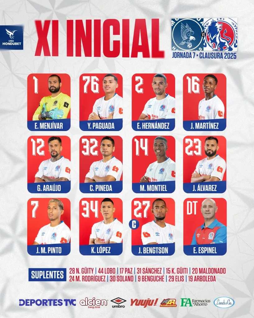Esta fue la alineación que presentó Olimpia contra Motagua con Yassir Paguada de titular y no con Edwin Lobo, al final Espinel aceptó su error.