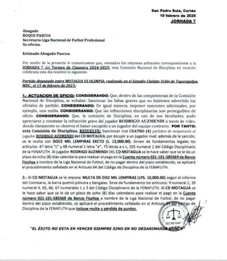 Este fue el comunicado de la Comisión de Disciplina para castigar a Rodrigo Auzmendi.