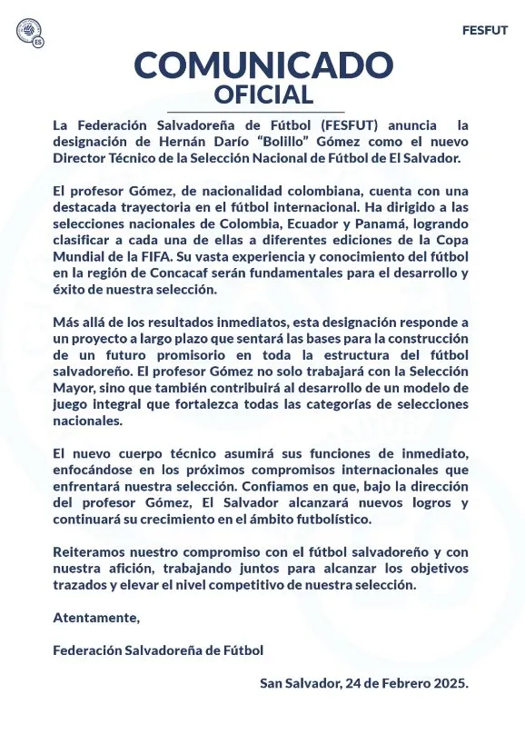 El comunicado oficial de la Fesfut para anunciar a Bolillo Gómez.
