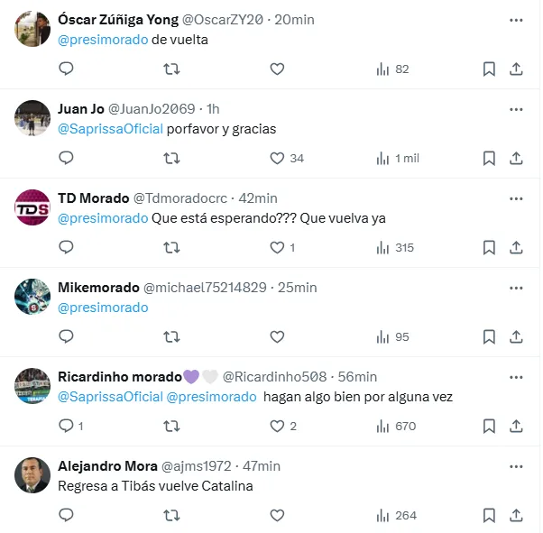 Muchos pedidos para que Catalina vuelva a Saprissa. (x.com)