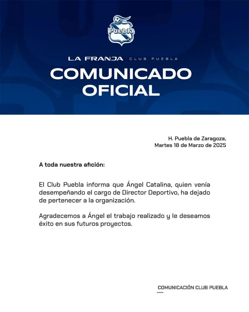 El comunicado que publicó Puebla.