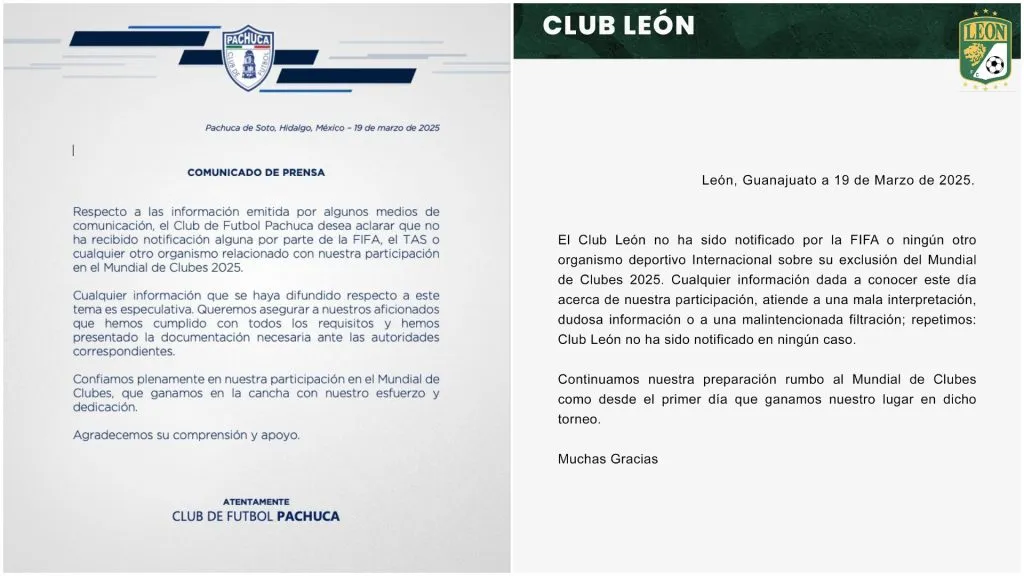 Los comunicados de Leon y Pachuca.