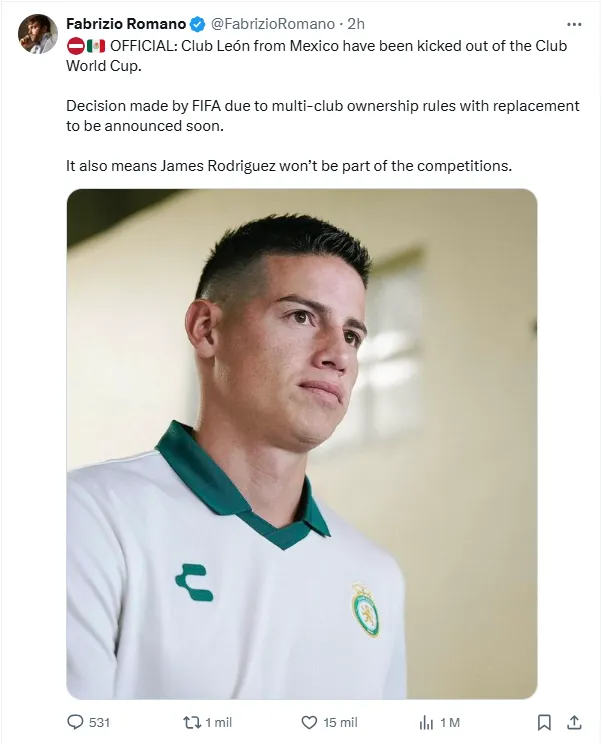 Fabrizio Romano personificó en James Rodríguez la noticia de León y la FIFA. (x.com)