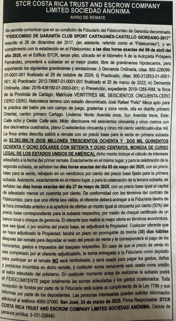 El anuncio de remate fue publicado por La Nación (Twitter).