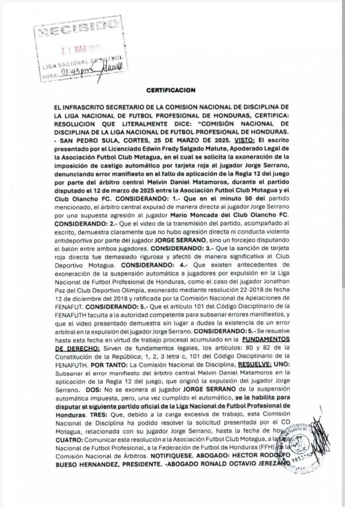 La Comisión de Disciplina reconocer el error del árbitro, pero Serrano no puede jugar ante Marathón.