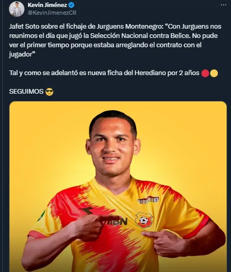 Kevin Jiménez en su cuenta oficial de X sobre el fichaje de  Jurguens Montenegro por Herediano