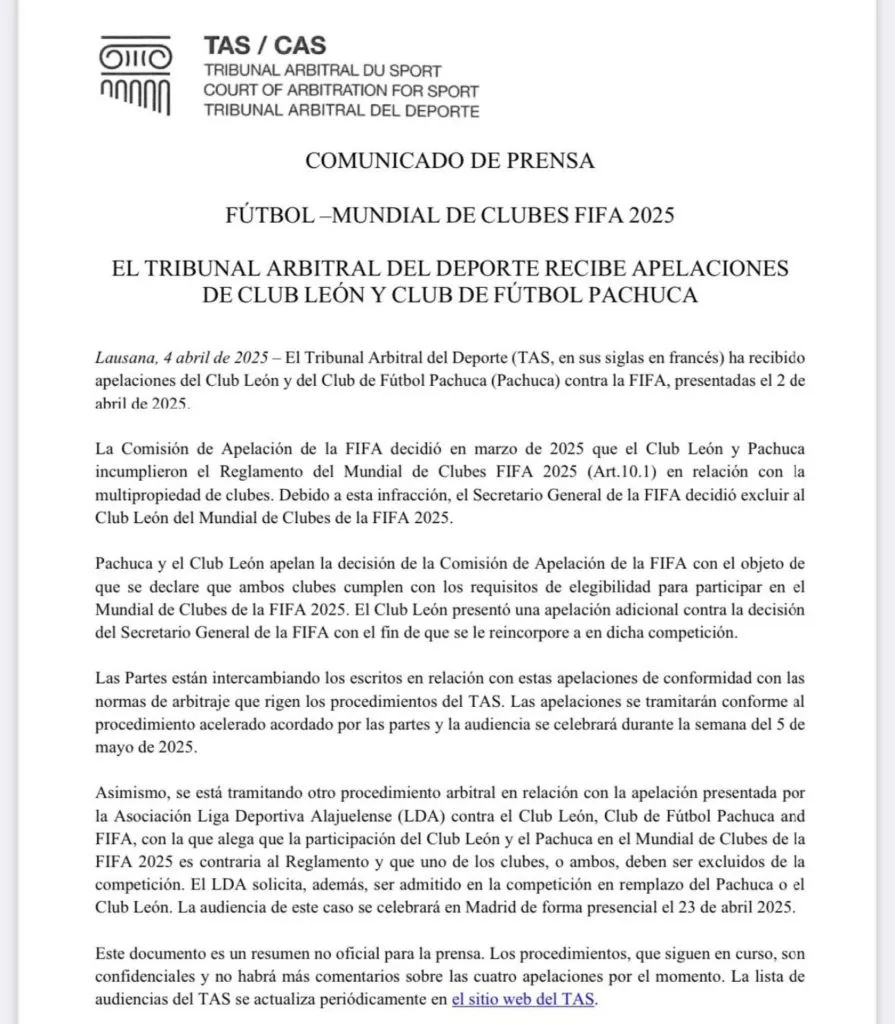 El comunicado publicado por TAS.