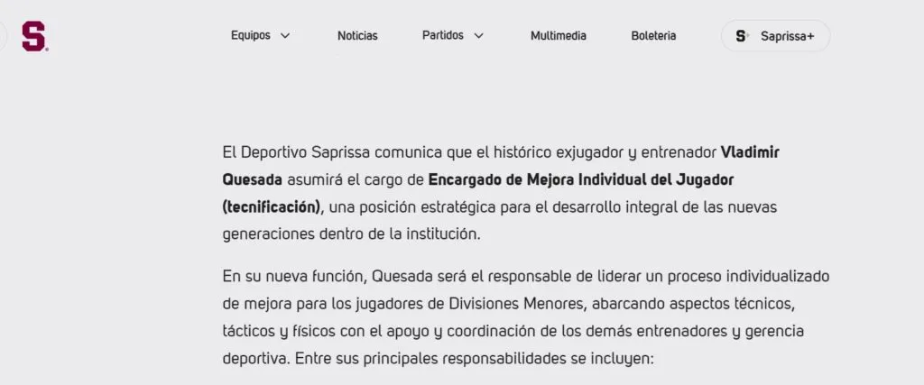 El comunicado que publicó Saprissa en su página web.