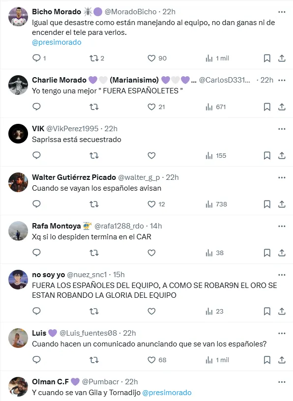 Apenas una muestra de la cantidad de mensajes contra los españoles de Saprissa. (x.com)